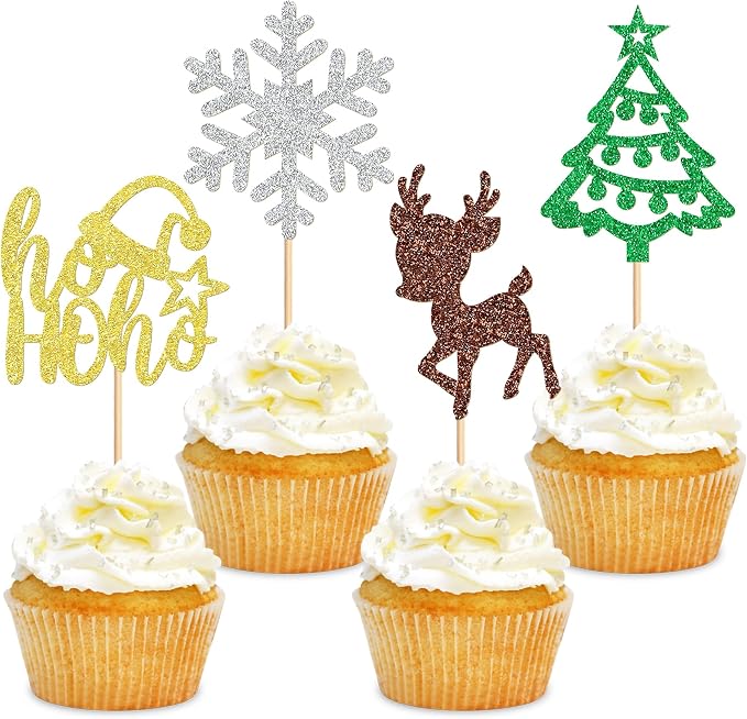 24 Pack Christmas Cupcake Toppers Xmas Tree Snowflake Cupcake Picks Christmas Eve Party Baby Shower Birthday Party Cake Decorations Supplies by Cyodoos