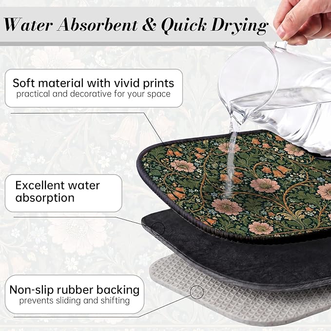 Vintage Floral Dish Drying Mat for Kitchen Counter Coffee Bar 18x24 in | Decorative Non Slip Absorbent Kitchen Dishes Drainer Mat, with Anti-slip Rubber Backing & Hanging Loop, for Sink, Home Gift - Image 4