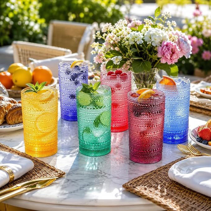 Khen Plastic Hobnail Drinking Highball Glasses Set of 6 Bright Tones Cups 14oz, Shatterproof & Unbreakable Acrylic Beaded Design, BPA-Free, Dishwasher Safe Indoor/Outdoor Drinkware Water, Cocktails - Image 8