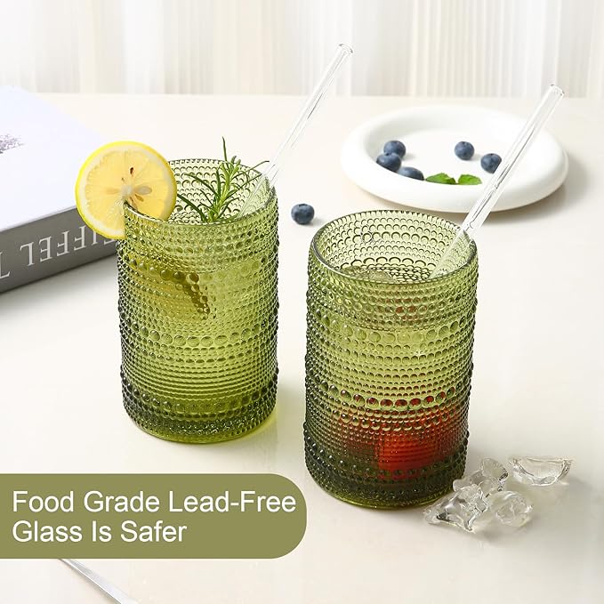 ZMOWIPDL Drinking Glasses Set of 6,15 oz Green Hobnail Glass Cups | Vintage Glassware，Embossed Water Tumbler,for Beer,Cocktail,Whiskey,Juice and Various Mixed Drinks- 1 Cleaning Brush - Image 4