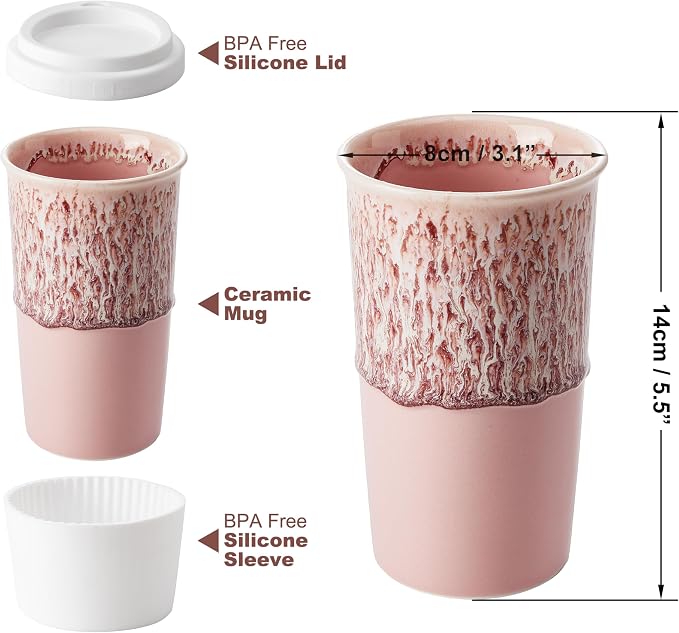 Ceramic Travel Mug with Lid (12 oz) – Cute Aesthetic Coffee Cup for Women, Stylish Reusable Travel Mug, Microwave & Dishwasher Safe, Fits Car Cup Holder (Icy Pink) - Image 2