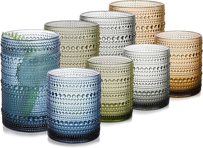 Colored Hobnail Drinking Glasses Set of 8，15 oz Vintage Highball Glassess & 12 oz Cocktail Glasses，Drinkware Kitchen Glasses for Cocktail, Iced Coffee, Beer, Ice Tea, Wine, Whiskey, Water by JPPSUJJ