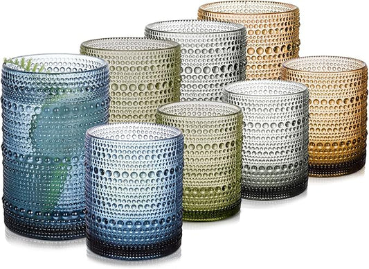 Colored Hobnail Drinking Glasses Set of 8，15 oz Vintage Highball Glassess & 12 oz Cocktail Glasses，Drinkware Kitchen Glasses for Cocktail, Iced Coffee, Beer, Ice Tea, Wine, Whiskey, Water by JPPSUJJ