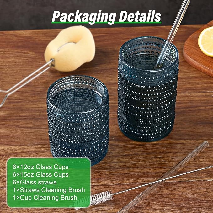 ZMOWIPDL Drinking Glasses Set of 12,Blue 12oz & 15oz Hobnail Glass Cups | Vintage Glassware，Embossed Water Tumbler,for Beer,Cocktail,Whiskey,Juice and Various Mixed Drinks- 1 Cleaning Brush - Image 3