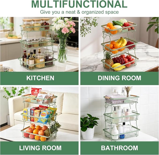 3 Tier Fruit Basket with 2 Banana Hangers, Countertop Fruit Vegetable Stand Produce Holder Organizer for Onion Potato Bread Snack Veggie Green - Image 4