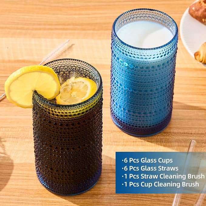 16oz Hobnail Drinking Glasses, Set of 6 Blue Tumblers | Vintage embossed large capacity highball glasses for water, cocktail, beer, whiskey, juice and bar use - Image 5