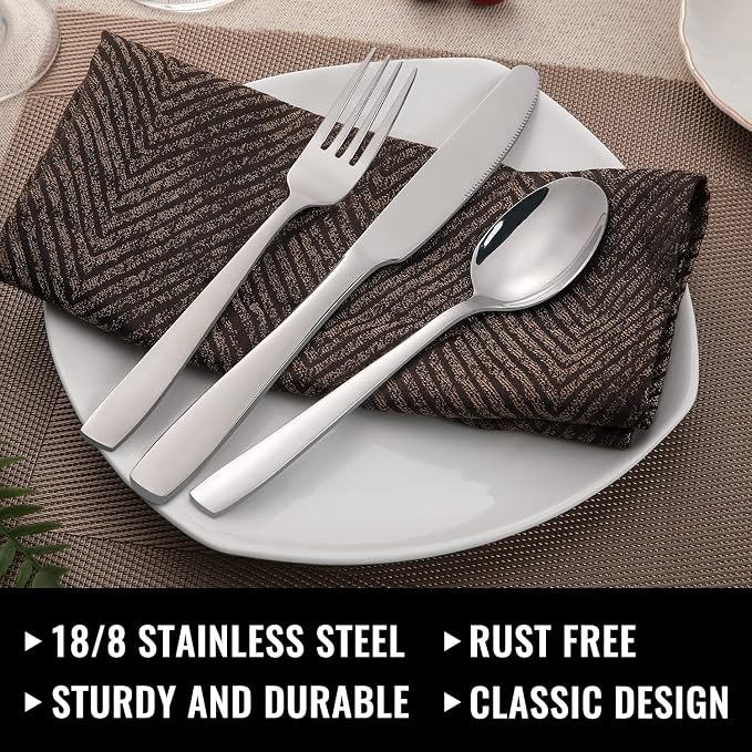 Hiware 24-Piece Silverware Set with Steak Knives, Stainless Steel Flatware Cutlery, Mirror Polished Flatware Serving Utensils Set for 4, Includes Forks Spoons Knives Silverware, Dishwasher Safe - Image 4