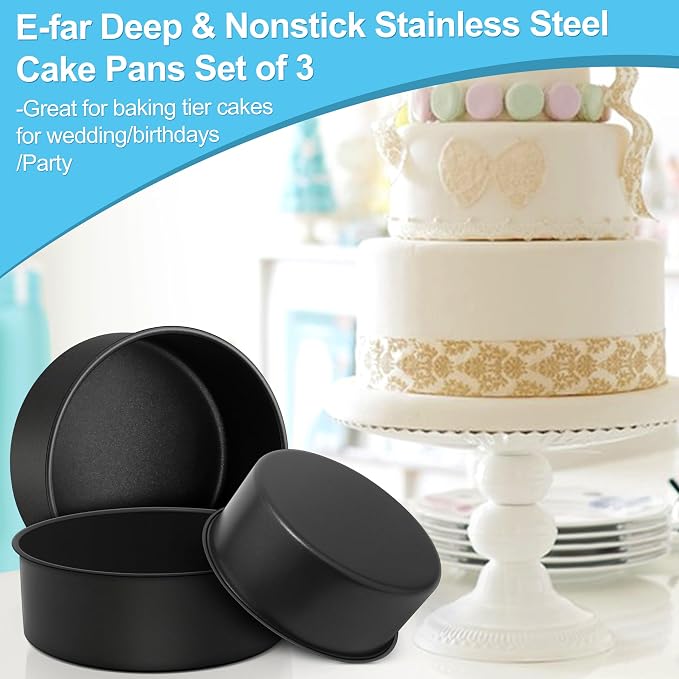 E-far Deep Cake Pan Set of 3 (6/8/9½ Inch), Nonstick Stainless Steel Round Cake Pans Tins for Baking Layer Wedding Cakes, Stainless Steel Core & Nontoxic Coating, Deep & Straight Side - Image 7
