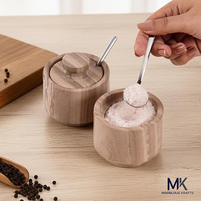 MARBLOUS KRAFTS Marble Salt Cellar with Lid and Spoon 3" Inch Natural Brown Salt and Pepper Dish, Sugar and Salt Bowls Countertop, Coffee Container, Spice Jars, Candy Jar - Image 6