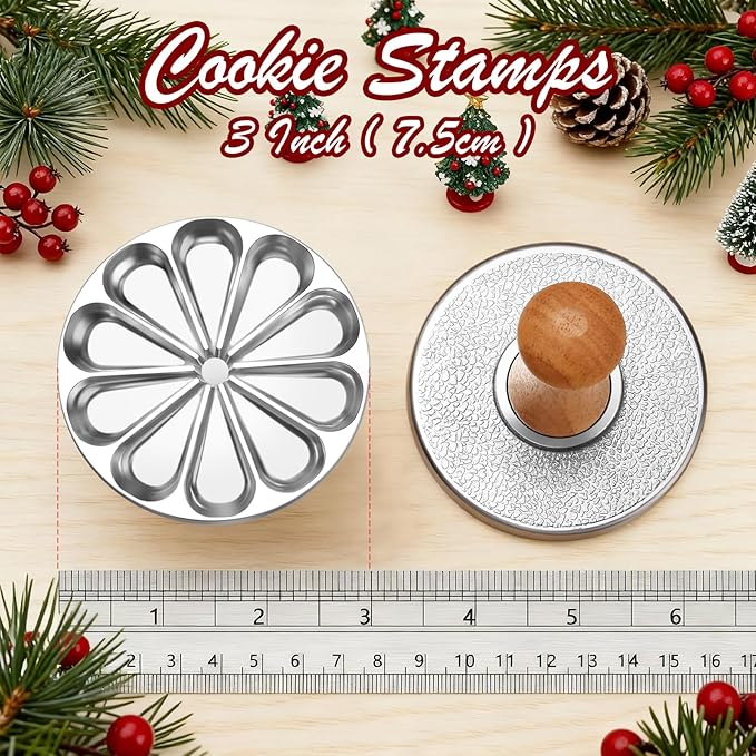 OPPEIN Cookie Stamps, Metal Christmas Cookies Press Cutter Mold with Wooden Handle, Cookie Decorating Supplies for DIY Baking, Cake, Pastry, Christmas (Silver-3*)