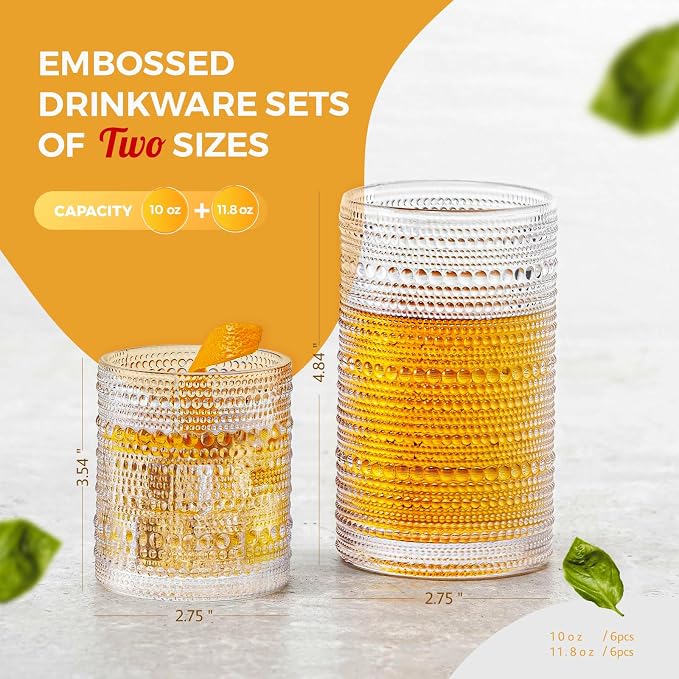 Hobnail Drinking Glasses Set of 12, 11.8 oz Vintage Glasses Drinking Set & 10 oz Cocktail Glasses Set, Embossed Glass Cups for Kitchen, Beer, Juice, Cocktail, Whiskey, Milk - Image 3