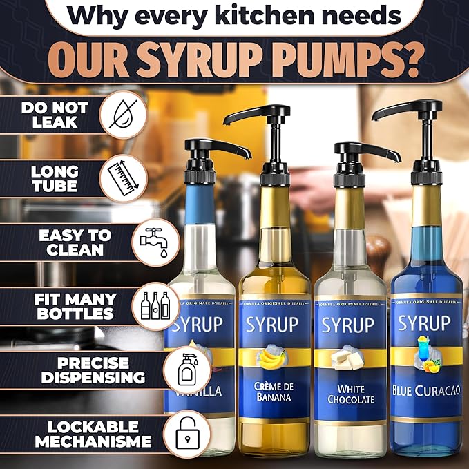 8 Pcs Coffee Syrup Pump Dispenser - 12.4" Black Syrup Dispenser Pump, Easy to Use and Clean, Adjustable Length, Durable and Lightweight, Lockable Design, Good for Home and Business Usage