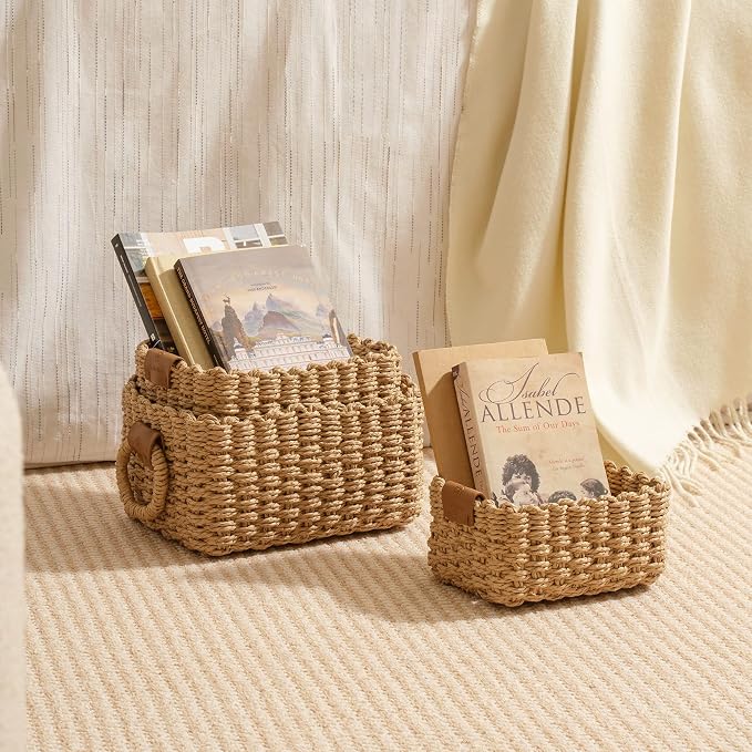 LA JOLIE MUSE Small Wicker Baskets for Organizing, Desert 3 Pack | Decorative Organizer with Vegan Leather Tag, Round Handle, Storage Baskets for Shelves, Bedroom, Kitchen, Office and Home - Image 3