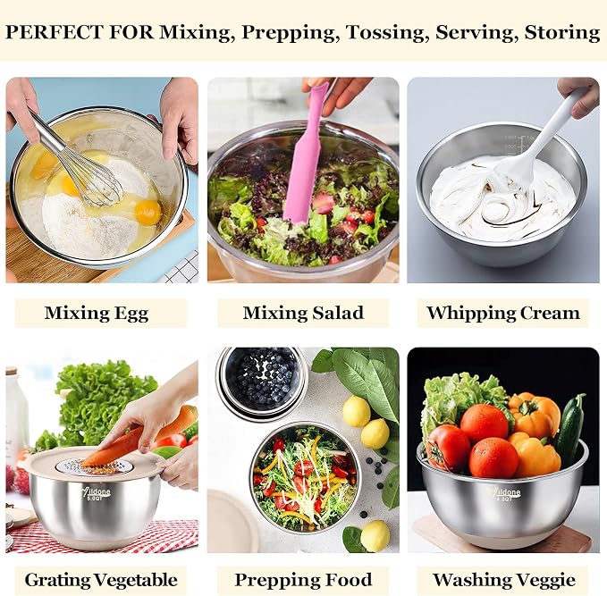 Wildone Mixing Bowls with Airtight Lids, Stainless Steel Mixing Bowls Set | Metal Bowls with 3 Grater Attachments & Non-Slip Bottoms, Size 5, 4, 3, 2,1.5, 0.63QT, Includes Utensil Set for Prep, Khaki - Image 4