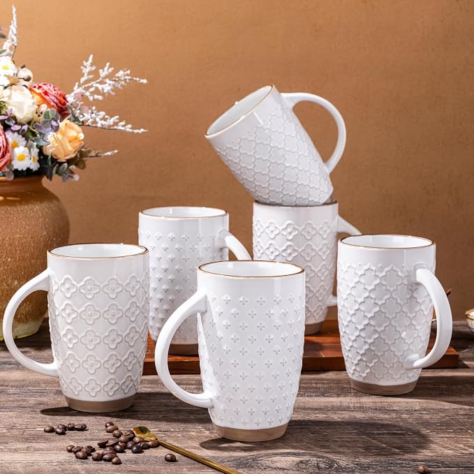 GBhome 20oz Large Coffee Mugs Set of 6, Handmade Tall Ceramic Coffee Mugs with Texture Patterns for Cappuccino, Latte,Hot Cocoa, Dishwasher & Microwave Safe-Off White by GBhome