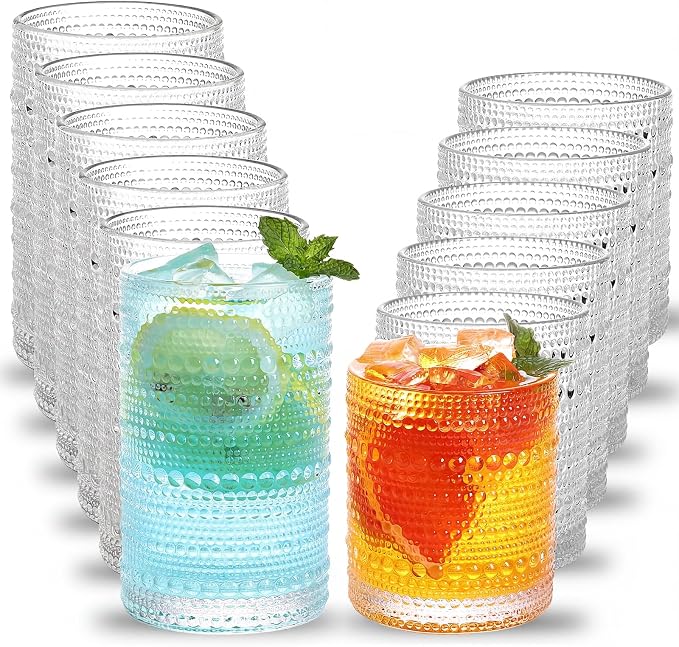 Moretoes Hobnail Drinking Glasses Set of 12, Vintage Water Glass Cups | 12 Oz Highball Glasses & 10 Oz Cocktail Glasses, Clear Embossed Boho Kitchen Bar Tumbler for Whiskey, Beer, Juice, Milk by Moretoes