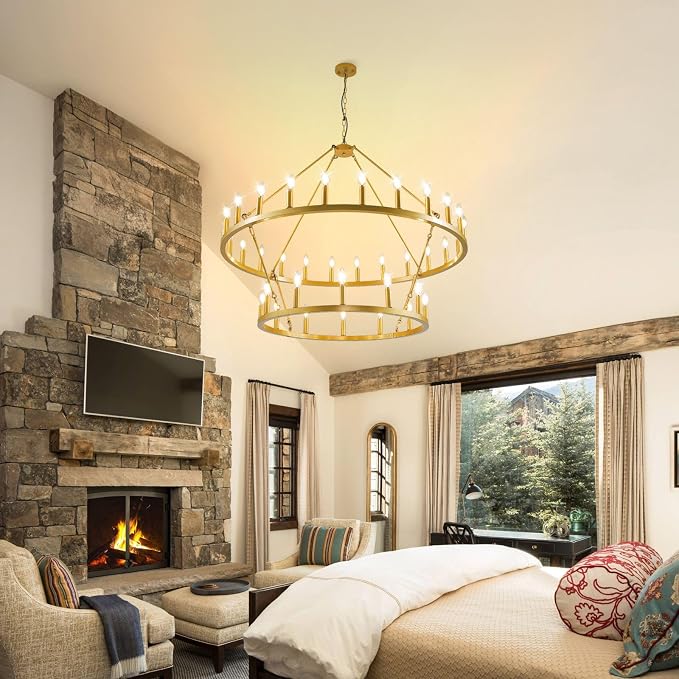 47 Inch Gold Wagon Wheel Chandelier,2 Tier 36-Lights Farmhouse Chandelier for Living Room,Round Rustic Dining Room Light Fixture,Extra Large Foyer Chandeliers for High Ceilings,for Staircase,Entryway - Image 9