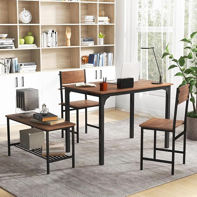 Giantex Dining Table Set for 4, 43" Kitchen Table and Chairs, Dining Bench with Metal Frame & Storage Rack, 4-Piece Modern Functional Desk Set for Dinette, Small Space, Apartment, Restaurant, Walnut - Image 8