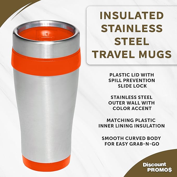 DISCOUNT PROMOS Insulated Stainless Steel Travel Mugs 16 oz. Set of 10, Bulk Pack - Perfect for Coffee, Soda, Other Hot & Cold Beverages - Orange