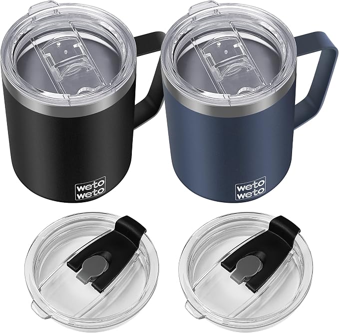 WETOWETO 14 oz Coffee Mug, Vacuum Insulated Camping Mug with Lid, Double Wall Stainless Steel Travel Tumbler Cup, Coffee Mugs Outdoor, Navy Blue & Black 2 Packs by Wetoweto