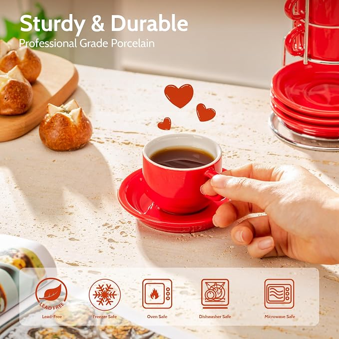 Sweese 4 Ounce Porcelain Stackable Espresso Cups with Saucers and Metal Stand Set of 4, Red - Image 2