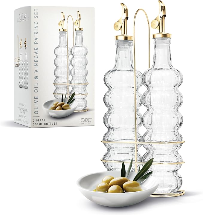 COOK WITH COLOR Glass Olive Oil Bottle Dispenser, Clear, Elegant Waves | 2 Pack, 17oz, Oil and Vinegar Cruet, Olive Oil Carafe Decanter, For Kitchen by CookwithColor