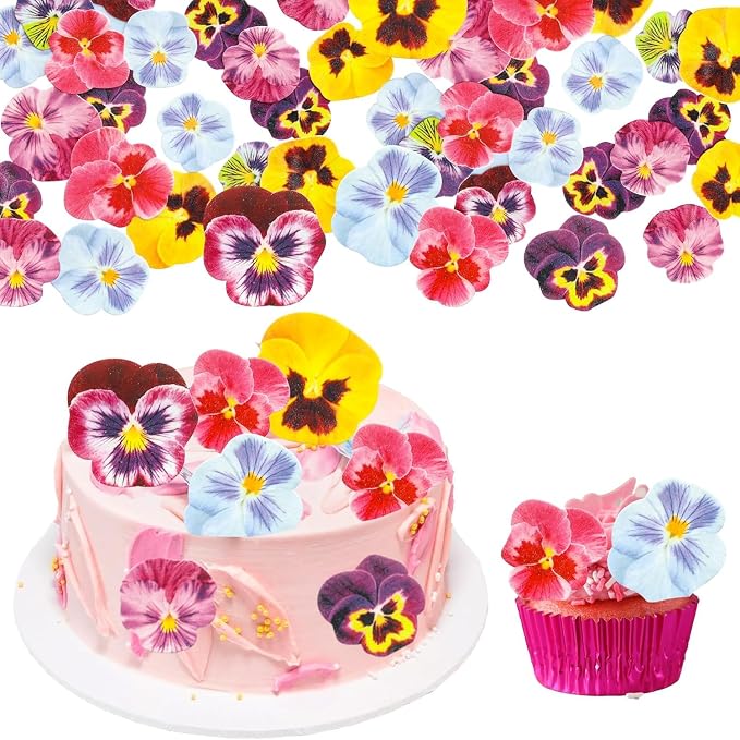 Edible Flower Cupcake Toppers, 64 Pieces Wafer Paper Pansy Flowers, Multicolor Spring Bridal Engagement Baby Shower Birthday Anniversary Party Supplies by Kuting