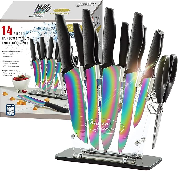 Marco Almond® Knife Block Set,14-Piece Rainbow Color Stainless Steel Knife Sets for Kitchen with block, KYA35 Chef Cooking Knives Set with Acrylic Stand | Rainbow Color Stainless Steel,Knives Set w Acrylic Stand,Razor Sharp,Anti-Rust,Ergonomic Handle,F... by MarcoAlmond