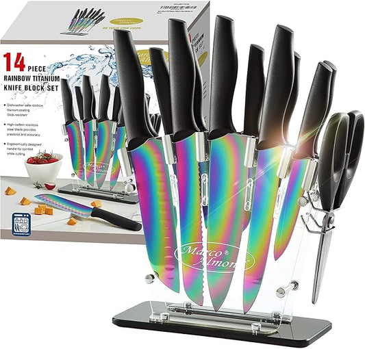 Marco Almond® Knife Block Set,14-Piece Rainbow Color Stainless Steel Knife Sets for Kitchen with block, KYA35 Chef Cooking Knives Set with Acrylic Stand | Rainbow Color Stainless Steel,Knives Set w Acrylic Stand,Razor Sharp,Anti-Rust,Ergonomic Handle,F... by MarcoAlmond