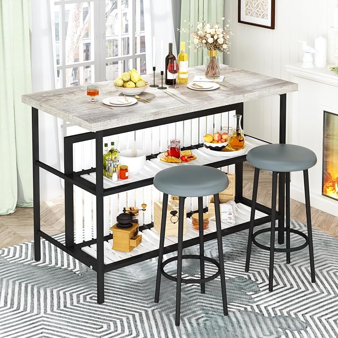 AWQM Kitchen Island with Seating & Storage Shelf, Modern Bar Table and Chairs Set for 2, Wooden Island Table for Kitchen, Dining Table Set for Small Space, Grey - Image 4