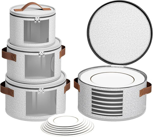 Foyego China Storage Containers, Light Gray, 4 Piece Set | with Lid, Handles & Visible Window, Stackable Moving Boxes for Plates Storage, Sturdy Dish Packing Supplies for Protection by Foyego