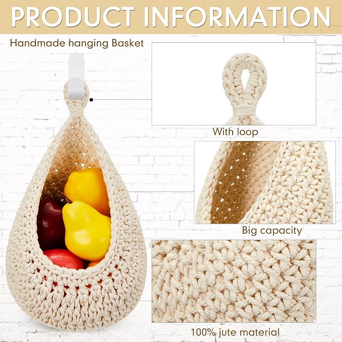 Honeydak Boho Decor Hanging Wall Baskets for Kitchen 3 Pack Teardrop Baskets with Hooks Storage Fruit Onion Vegetable Potato for Home 3 Sizes(White,Teardrop,Cotton Rope) - Image 3