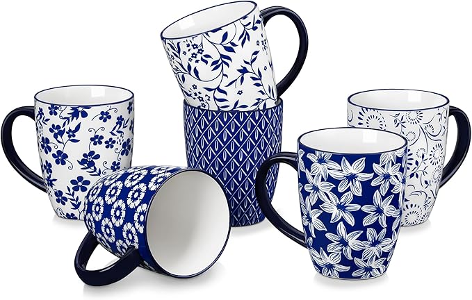 vancasso SELENE Large Coffee Mugs Set of 6, 16 Oz Porcelain Coffee Cups with Handle, Ceramic Tea Cup for Cappuccino, Latte, Tea, Cocoa, Dishwasher & Microwave Safe Gift Sets, Vintage Blue by vancasso