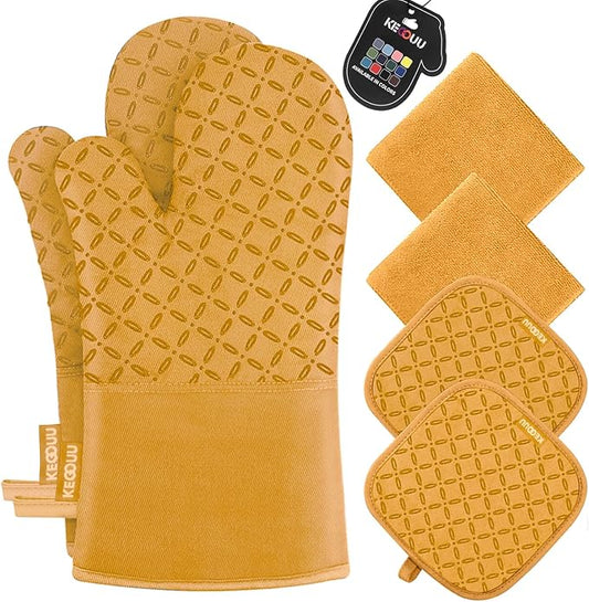 KEGOUU Oven Mitts and Pot Holders 6pcs Set, Kitchen Oven Glove High Heat Resistant 500 Degree Extra Long Oven Mitts and Potholder with Non-Slip Silicone Surface for Cooking （Orange） by KEGOUUOvenMitt