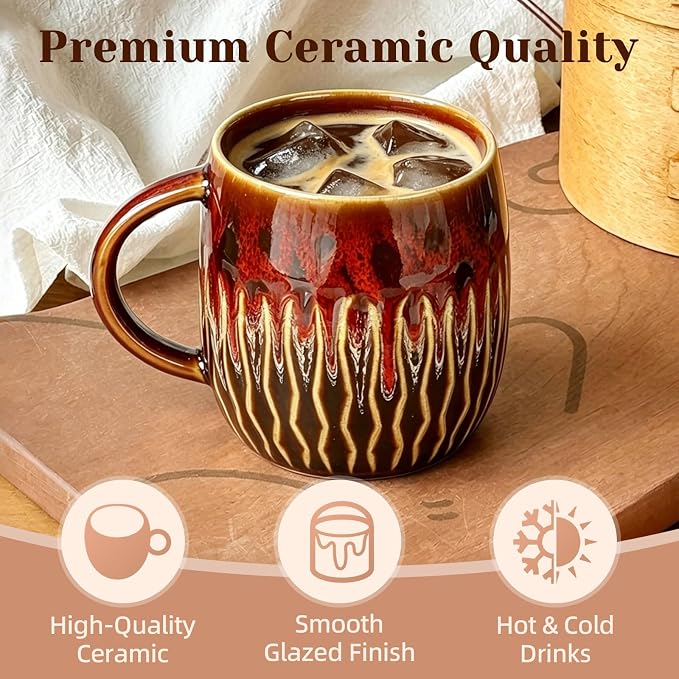 20oz Large Ceramic Coffee Mugs Unique Big Pottery Coffee Mug Microwave Safe Cool Stoneware Cups for Tea Latte Oversized Mug With Handle for Home Red Wide Clay Mugs for Men Fancy Handmade Ceramic Cup - Image 5