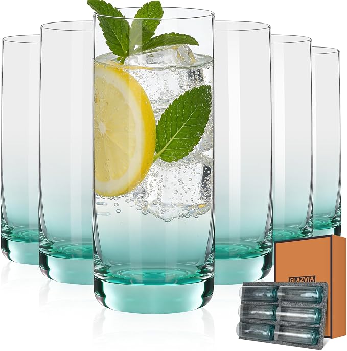 Green Highball Glasses Set of 6,13oz Drinking Glass Cups for Mixed Drink Cocktail, Beer, Mojito, Water and Juice,Thick Tall Crystal Glassware for Kitchen, Restaurant, Home Bar and Parties by GLAZVIAElegantGlass