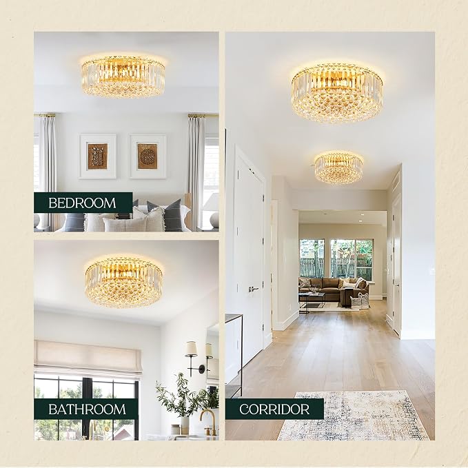 17.3" Gold K9 Crystal Raindrop Flush Mount Ceiling Light, Modern Chandelier, Round Luxury Light Fixture for Dining Room, Bedroom, Hallway, Kitchen Island & Living Room - Image 9