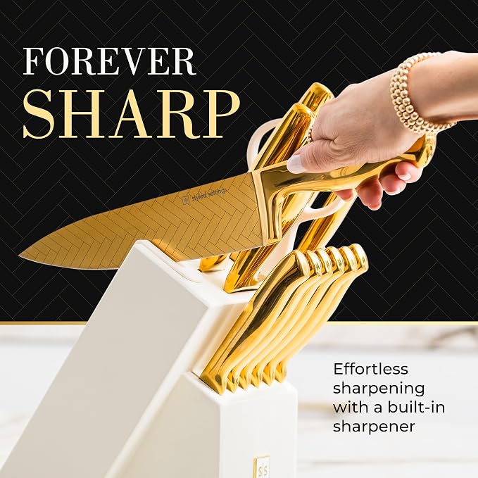 Styled Settings Gold Knife Set with Block and Sharpener, 14-Piece | Stainless Steel, Titanium Gold Knives with Pattern and Knife Block with Built-in Sharpener, Durable, Gold Kitchen Accessories - Image 3
