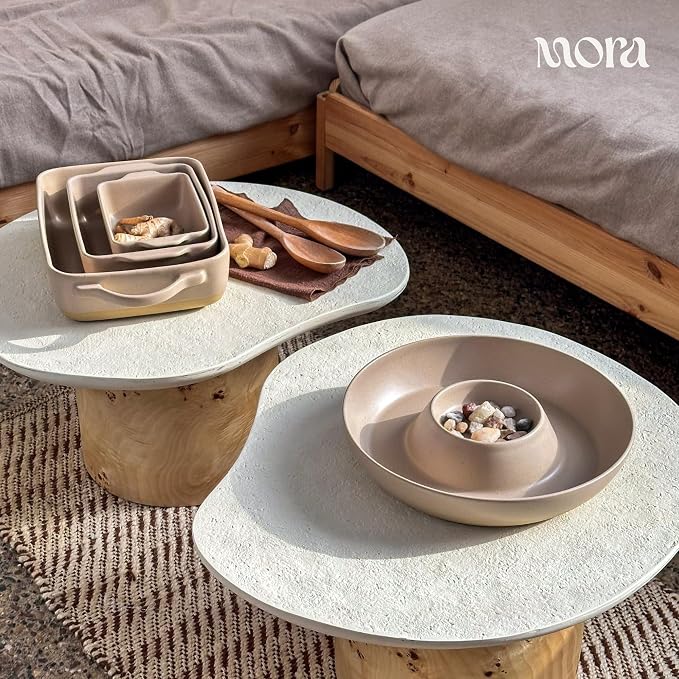 MORA Ceramic Chips and Dip Serving Tray: Large Divided Party Bowl Set for Chips & Salsa, Veggies & Dip, Fruit, Snacks, Entertaining, Hosting, etc. Minimalist Design for the Modern Hostess - Mushroom - Image 7