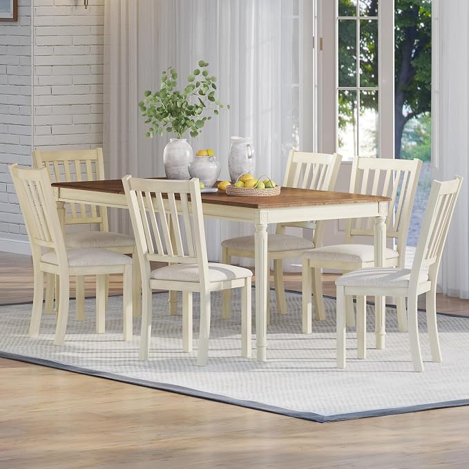 AMERLIFE 79" Rustic Farmhouse Dining Table with Solid Wood Top, Cream | Solid Wood Construction, Roman Conical Legs, Large Rectangular Design, Seating for 6 to 8 - Image 6
