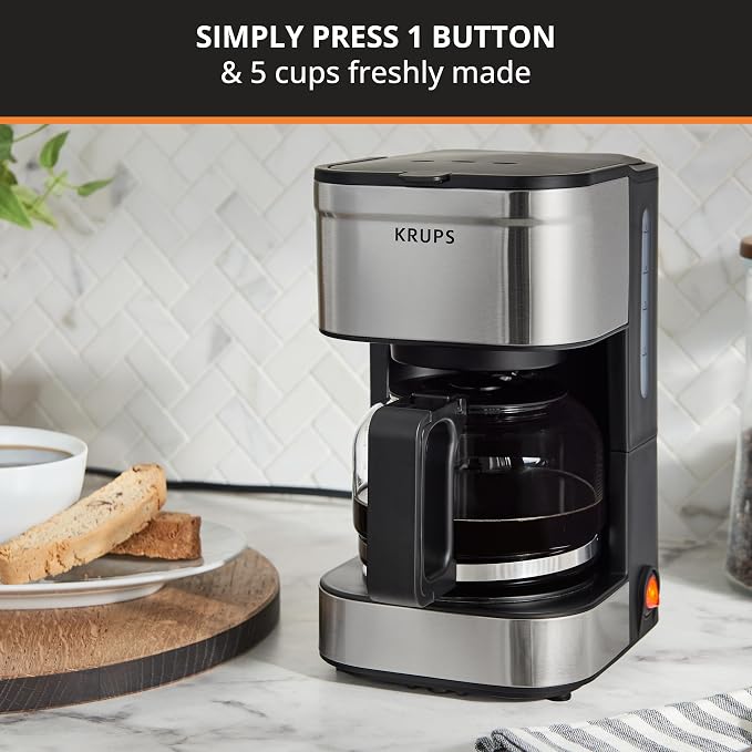 KRUPS Simply Brew Compact 5 Cup Coffee Maker: Stainless Steel Design, Pause & Brew, Keep Warm, Reusable Filter, Drip-Free Carafe - Image 2