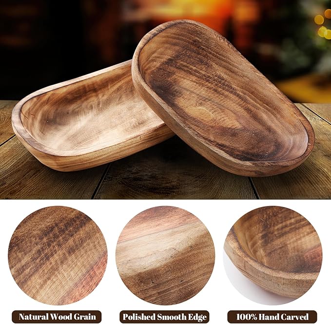 2 Pcs Wooden Dough Bowls for Decor Oblong Decorative Bowl Home Decor Fruit Vessel for Kitchen Counter Rustic Carved Serving Container Long Wooden Bread Tray for Dining Room Table(13 x 9 x 3.2 Inch)