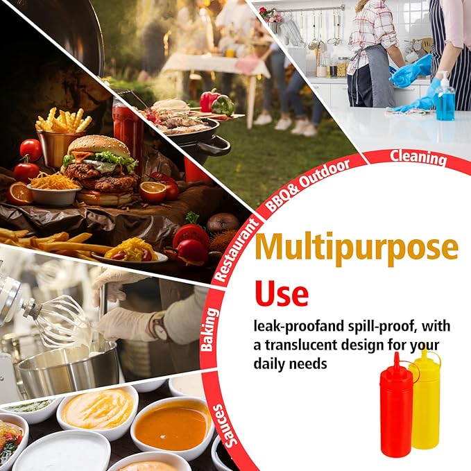 16oz Leak-Proof Sauce Squeeze Bottles- BPA-Free Kitchen & Restaurant Dispensers w/Wide Mouth for Ketchup, Mustard, Syrup, Oil, Dressings Dishwasher Safe (White+Yellow+Red, 16oz-6pack)