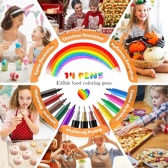 Jewem Edible Markers for Cookie Decorating,14 Pcs Food Coloring Pens, Double Side Food Grade Pens with Fine & Thick Tip for Decorating Fondant, Cakes, Cookies, Easter Eggs, Frosting, Macaron, Halloween, Christmas