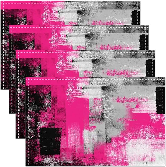 Feelyou Hot Pink Grey Table Place Mats, Boys Girls 18"x12" Abstract Geometric Placemats Set of 4 for Kids Geometric Placemat for Kitchen Dining Table Decor Indoor Outdoor Buffalo Check by Feelyou