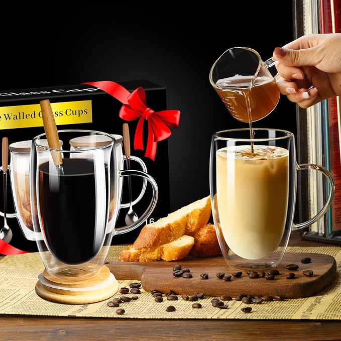 PARACITY Double Wall Glass Coffee Mugs 16OZ with Bamboo Lid/Spoon, Glass Coffee Cups Set of 2 with Handle, Insulated Clear Coffee Mug, Perfect for Latte, Cappuccino, Espresso, Hot Beverage, Tea | Each clear cup has a handle, bamboo lid and wooden spoon... - Image 7