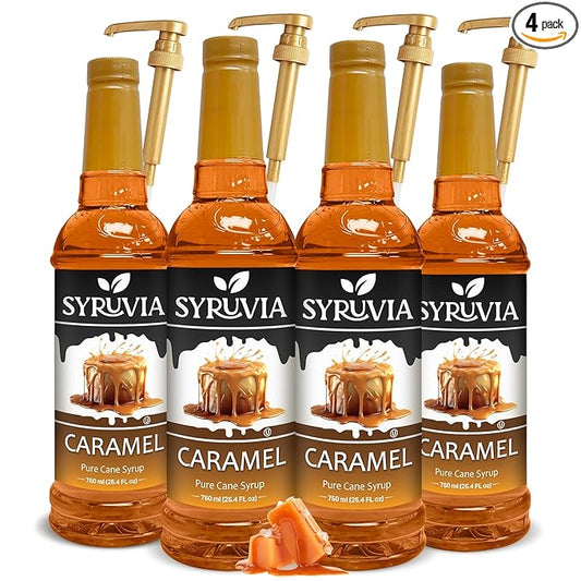 Syruvia Caramel Syrup - 25.4 fl oz. Premium Coffee Flavoring Syrup. Kosher, and Gluten-Free. Perfect for Enhancing Drinks, Sodas, Shakes, Desserts, and More With Pump (Pack of 4)