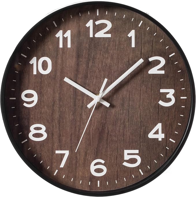 Decorative Modern Round Wood- Looking Plastic Wall Clock for Living Room, Kitchen, or Dining Room, Brown by Clockswise