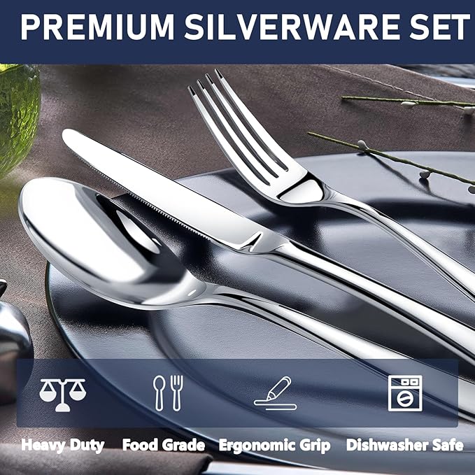 Heavy Duty Silverware Set for 8, Stainless Steel Flatware Cutlery Set | Heavy Duty Steak Knife Fork and Spoon, Dishwasher Safe, Gift Package for Wedding Housewarming - Image 2