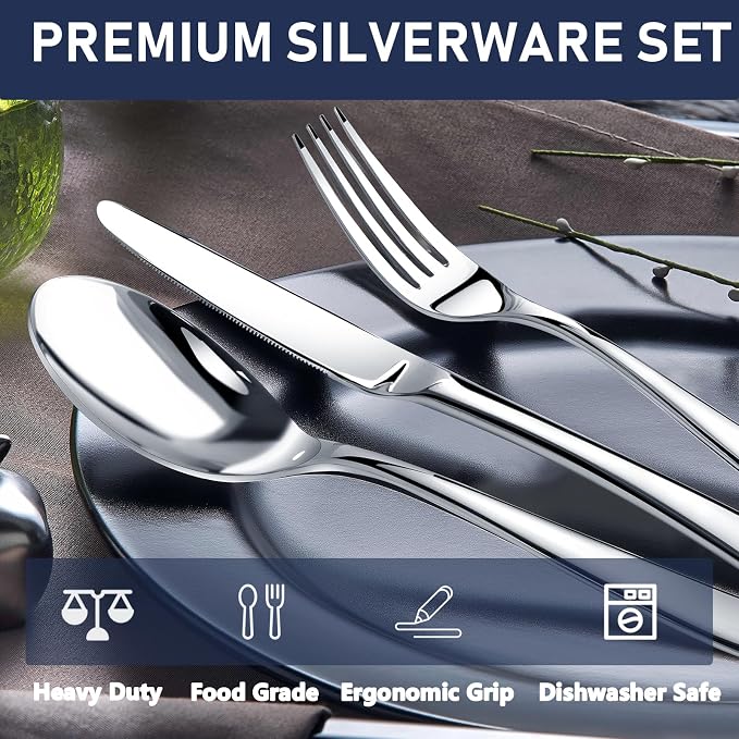 Heavy Duty Silverware Set for 6, Stainless Steel Flatware Cutlery Set | Heavy Duty Steak Knife Fork and Spoon, Dishwasher Safe, Gift Package for Wedding Housewarming - Image 2